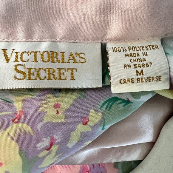 Vintage Victorias Secret Gold Label Pink Floral Satin Sleep Shirt M Long Sleeve - Picture 4 of 5